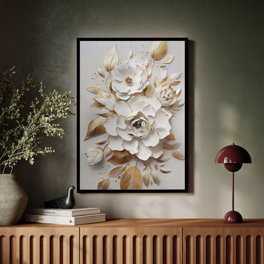 Tableau sur toile verticale de fleurs effet 3D blanc et doré art KWADECO