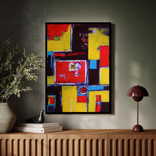 Tableau abstrait verticale aux formes colorées rouge et jaune KWADECO