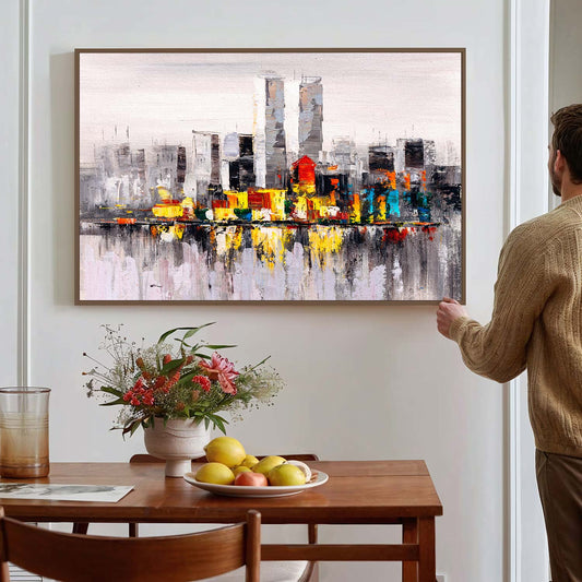 Tableau sur toile verticale de ville colorée sur fond gris KWADECO