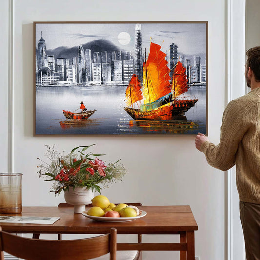 Tableau sur toile d'un navire et d'une ville KWADECO