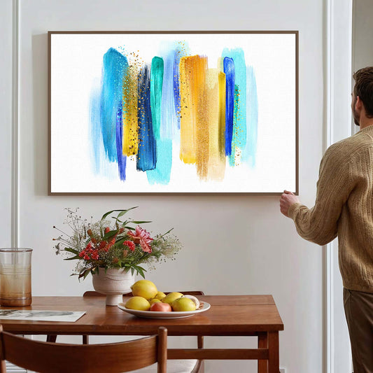 Tableau sur toile de lignes colorées bleu ciel et doré KWADECO