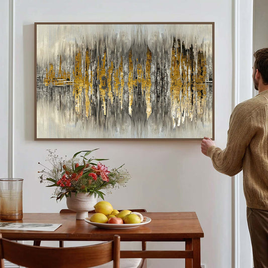 Tableau sur toile abstrait, doré et noir, avec des ondulations KWADECO