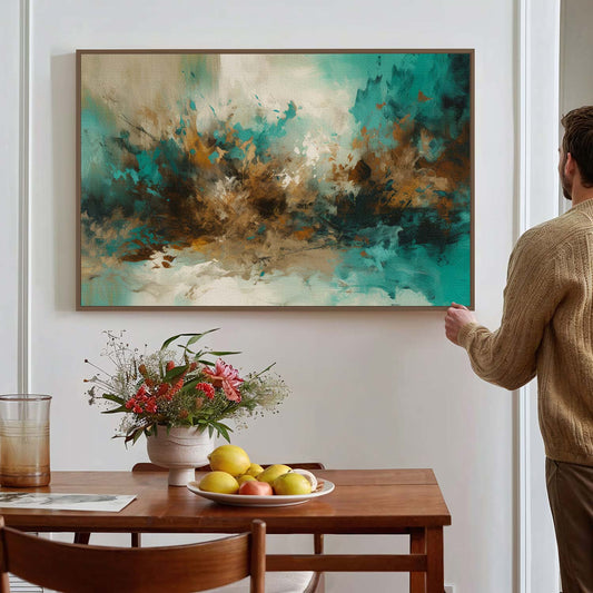 Tableau abstrait sur toile, couleurs vert et marron mélangées KWADECO