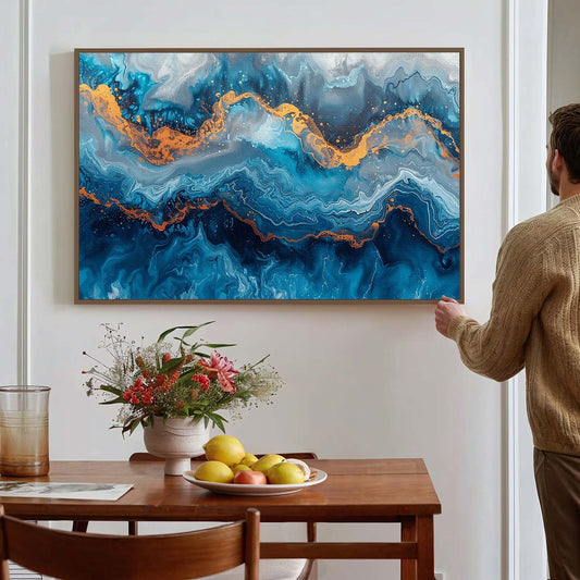 Tableau sur toile d'abstraction en bleu marbré KWADECO