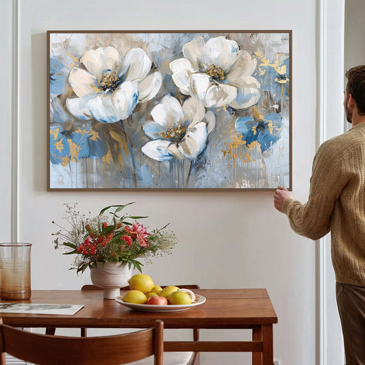 Tableau sur toile d'abstrait fleur avec taché doré et bleu KWADECO