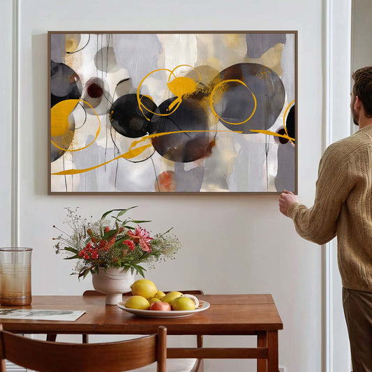 Tableau abstrait de cercles noir et doré KWADECO