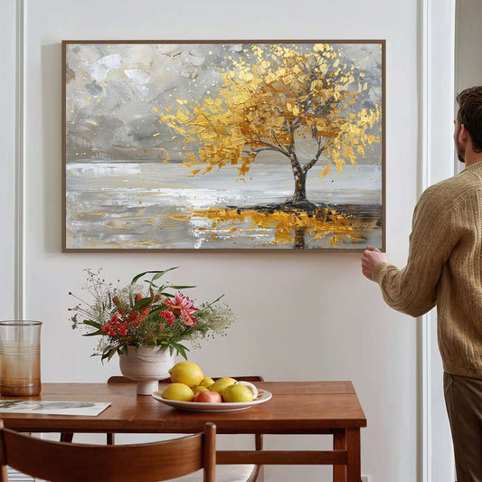 Tableau sur toile d'abstrait d'arbre doré KWADECO