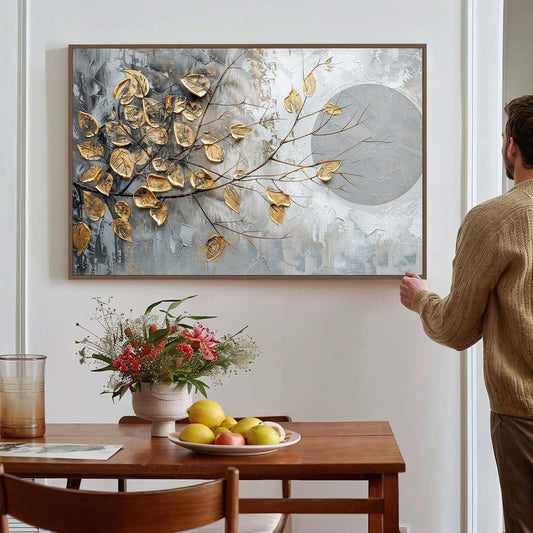 Tableau sur toile abstraite avec des feuilles d'arbre dorées KWADECO