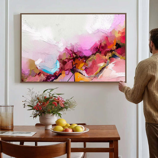Tableau sur toile abstrait effet peinture couleur rose KWADECO
