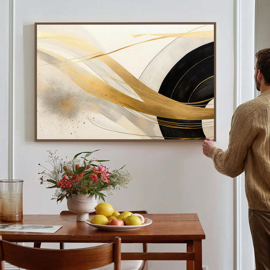 Tableau sur toile abstrait de lignes doré et noir moderne art KWADECO