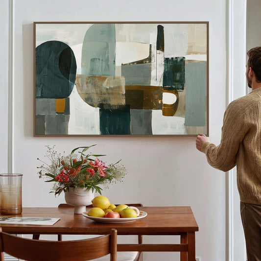 Tableau sur toile d'abstrait moderne de forme vert et doré KWADECO