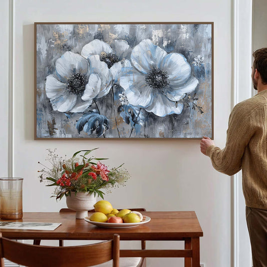 Tableau sur toile d'abstrait fleur bleu avec doré KWADECO