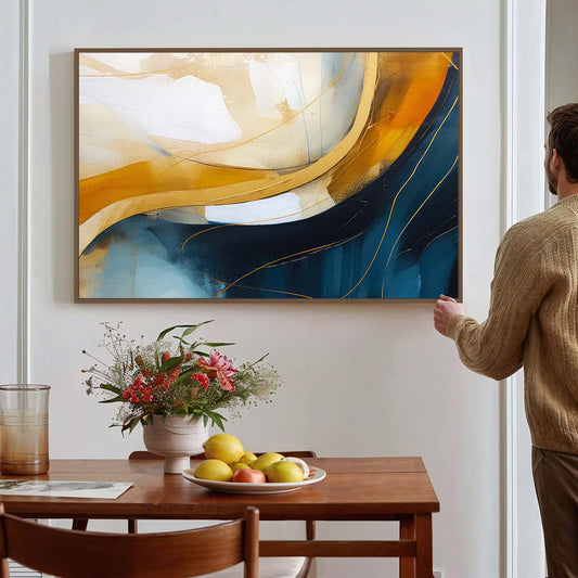 Tableau sur toile abstrait de vagues doré et bleu KWADECO