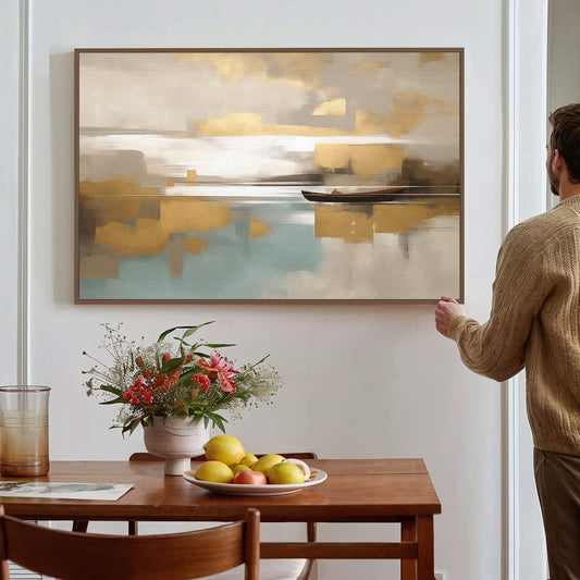 Tableau sur toile de navire doré sur un fond beige KWADECO