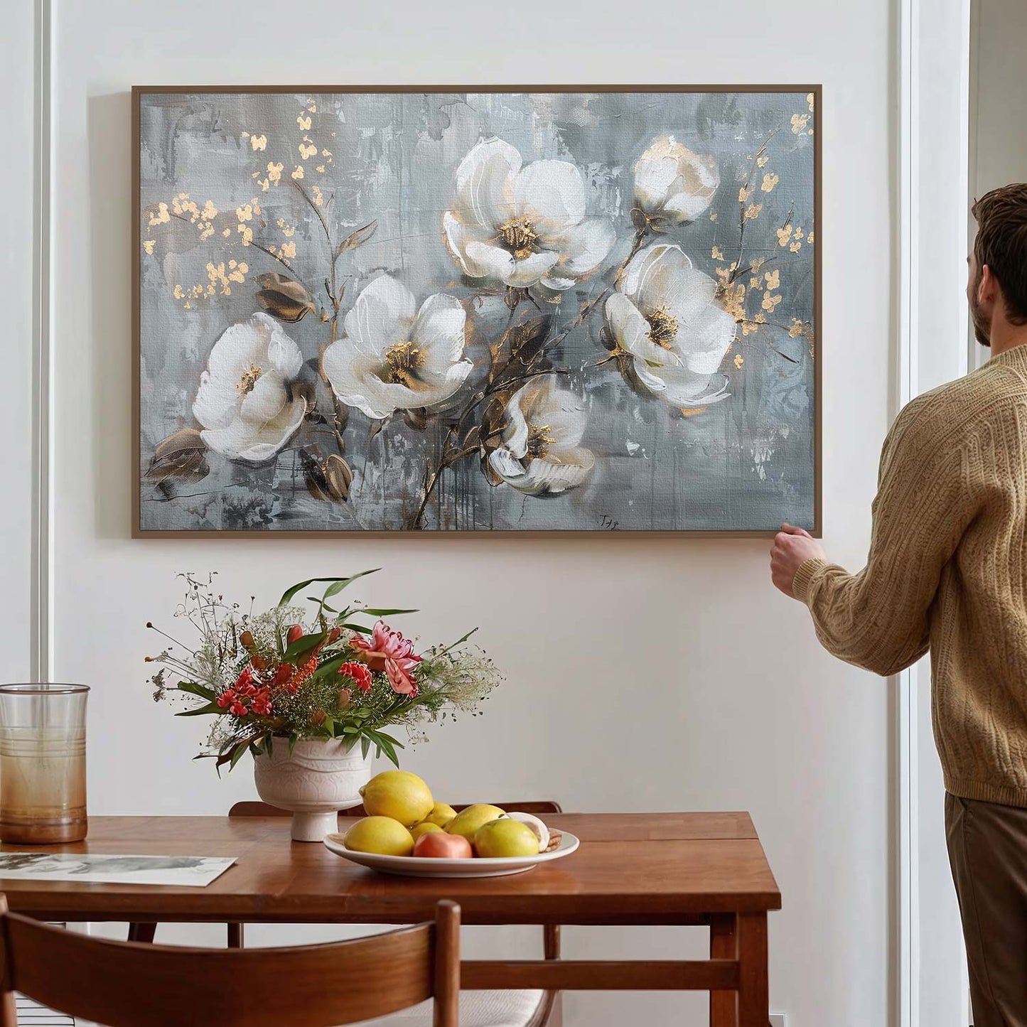 Tableau sur toile d'abstrait fleur blanc avec tache doré KWADECO