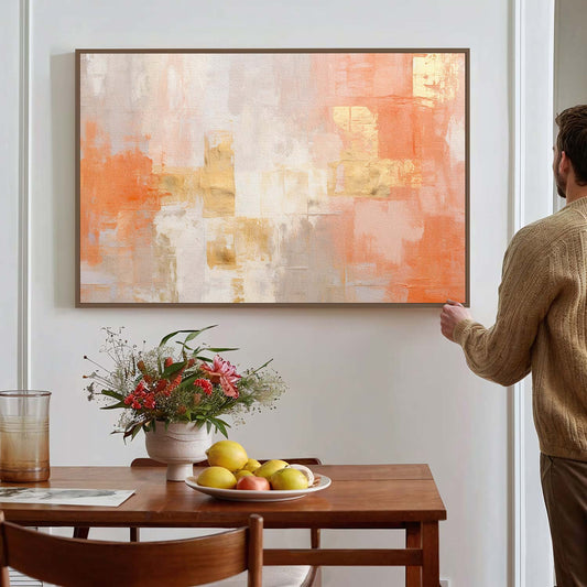 Tableau sur toile d'abstrait de frome rosé avec tache doré KWADECO