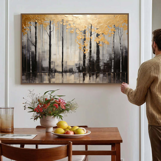 Tableau sur toile d'abstrait d'arbre noir avec tache doré KWADECO