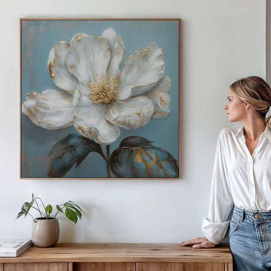 Tableau carré sur toile de fleur blanche KWADECO