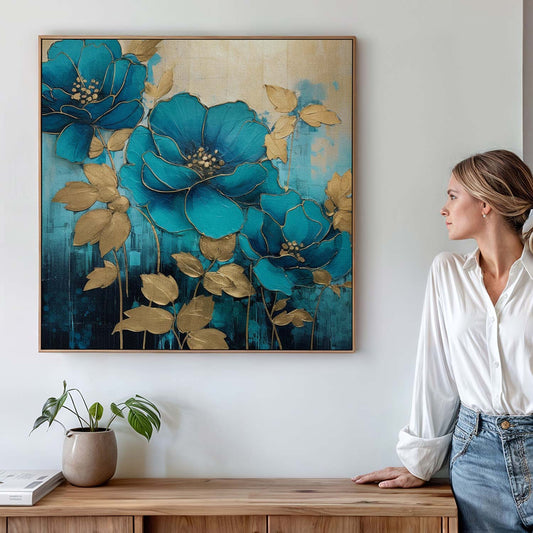 Tableau sur toile carré bleu et doré KWADECO