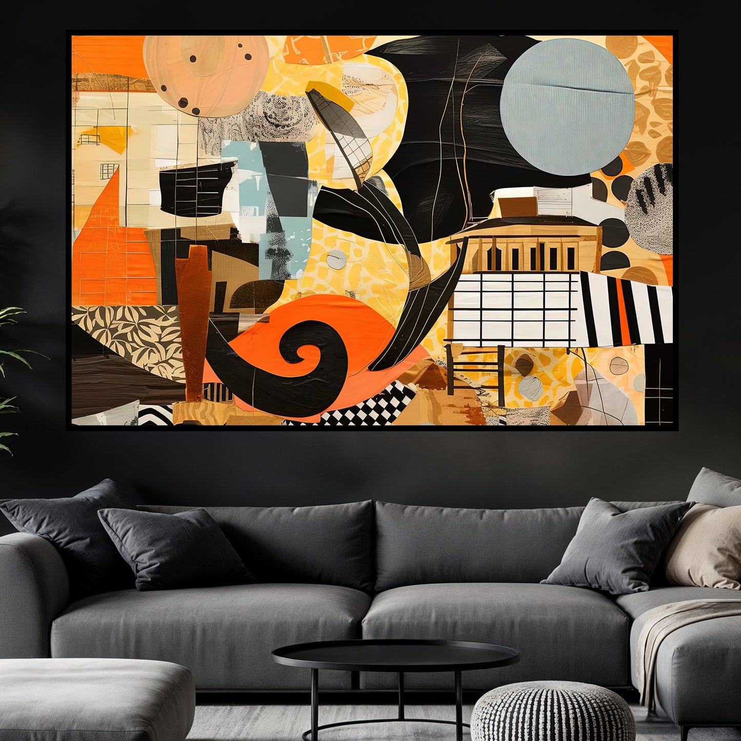 Tableau sur toile abstrait moderne orangé et noir KWADECO