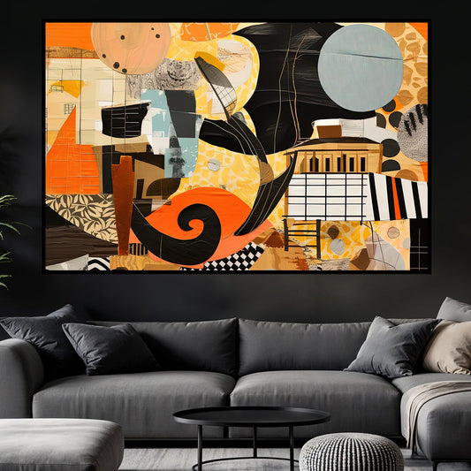 Tableau sur toile abstrait moderne orangé et noir KWADECO