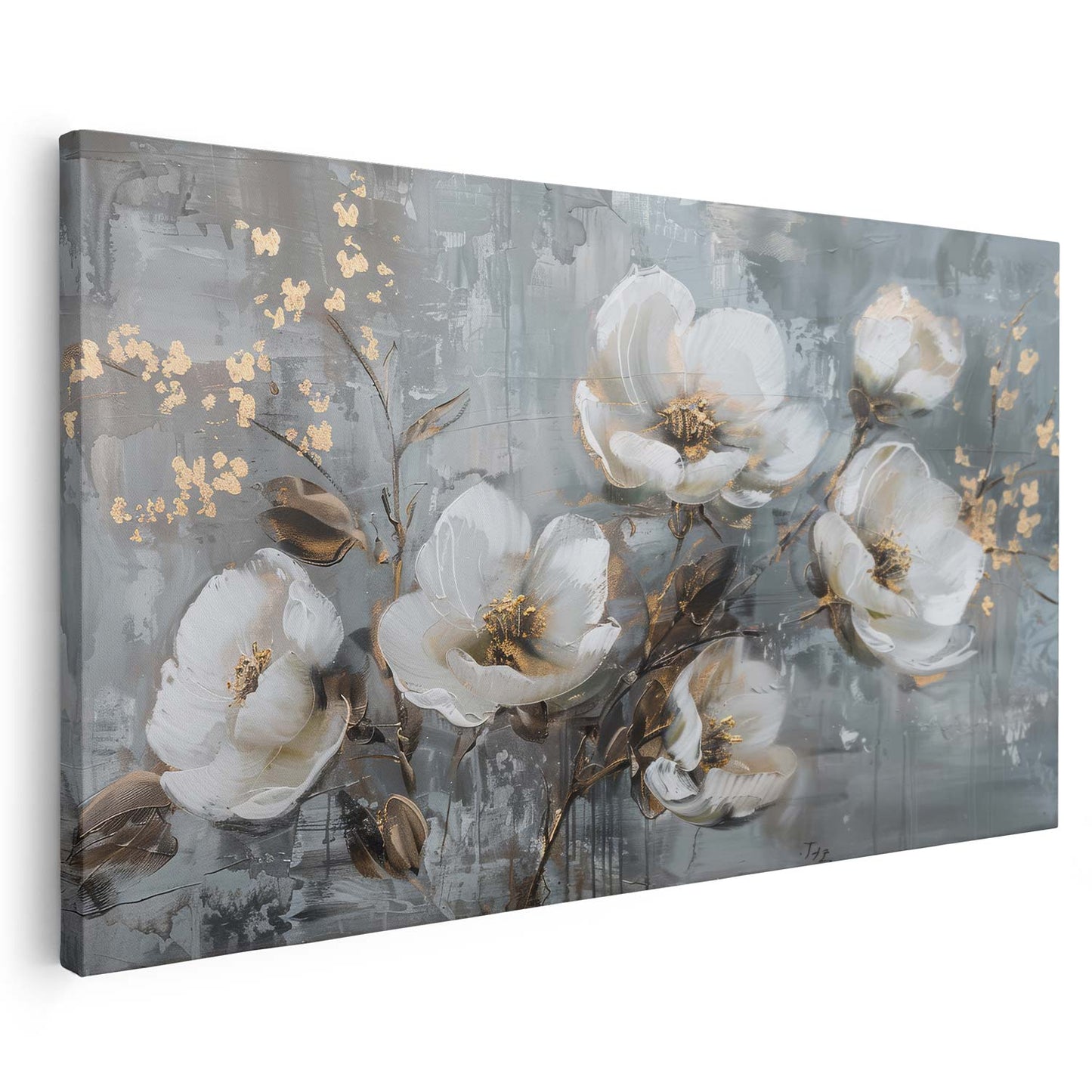 Tableau sur toile d'abstrait fleur blanc avec tache doré KWADECO