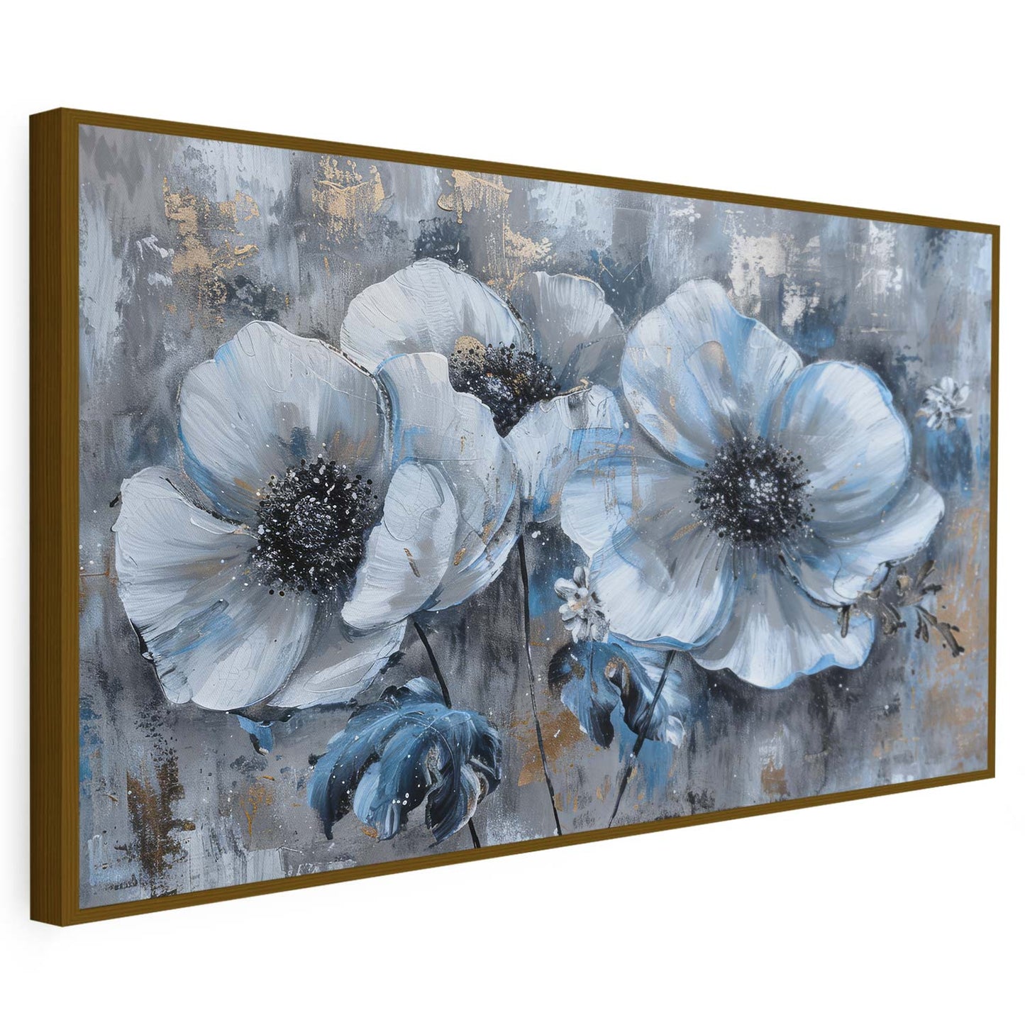 Tableau sur toile d'abstrait fleur bleu avec doré KWADECO