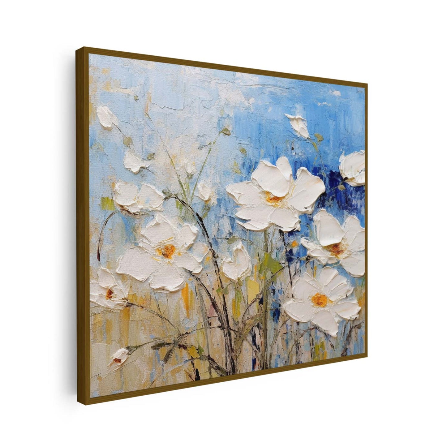 Tableau carré sur toile, fleur blanche sur fond bleu KWADECO