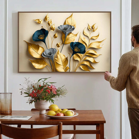 Tableau sur toile de fleurs dorées effet 3D sur fond beige KWADECO