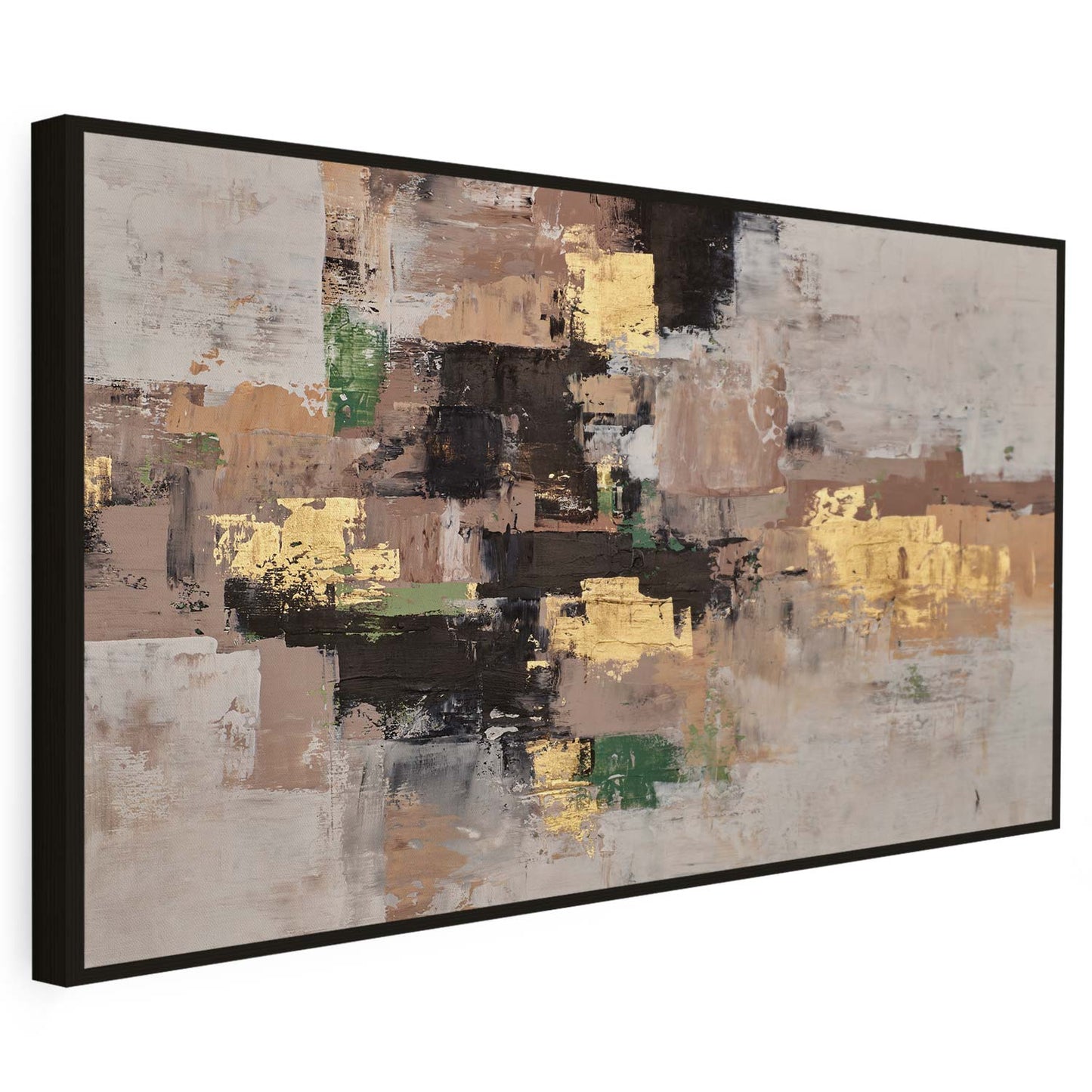 Tableau sur toile d'abstrait doré et vert sur fond beige KWADECO