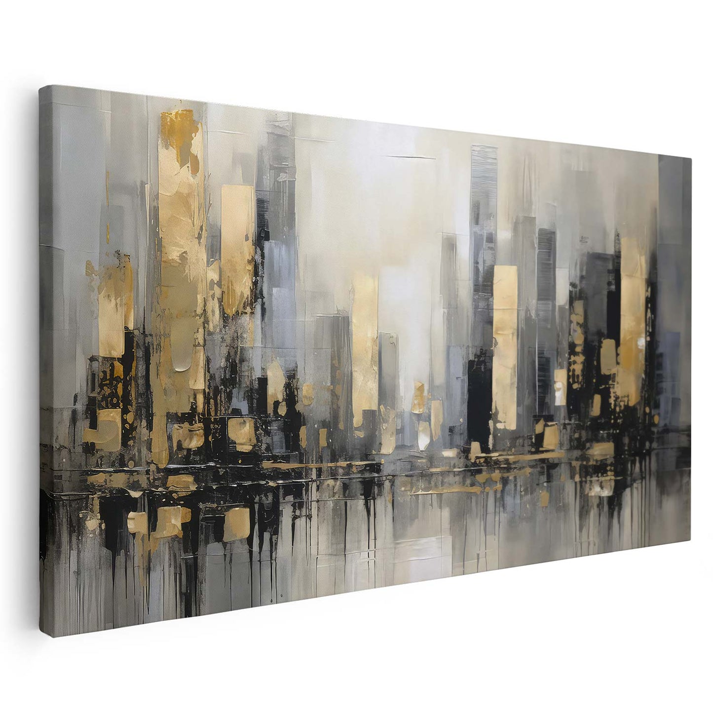 Tableau sur toile d'une ville dorée et urbaine noir KWADECO