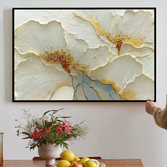 Tableau fleurs blanches et dorées style moderne pour décoration murale élégante