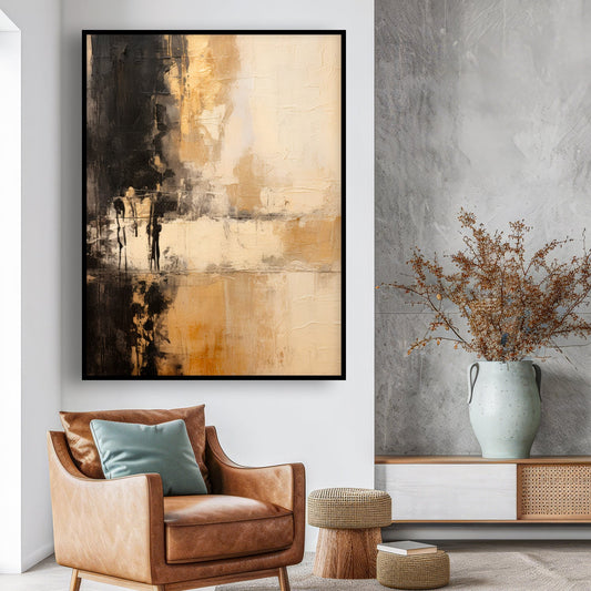 Tableau sur toile verticale d'art abstrait doré et noir moderne KWADECO