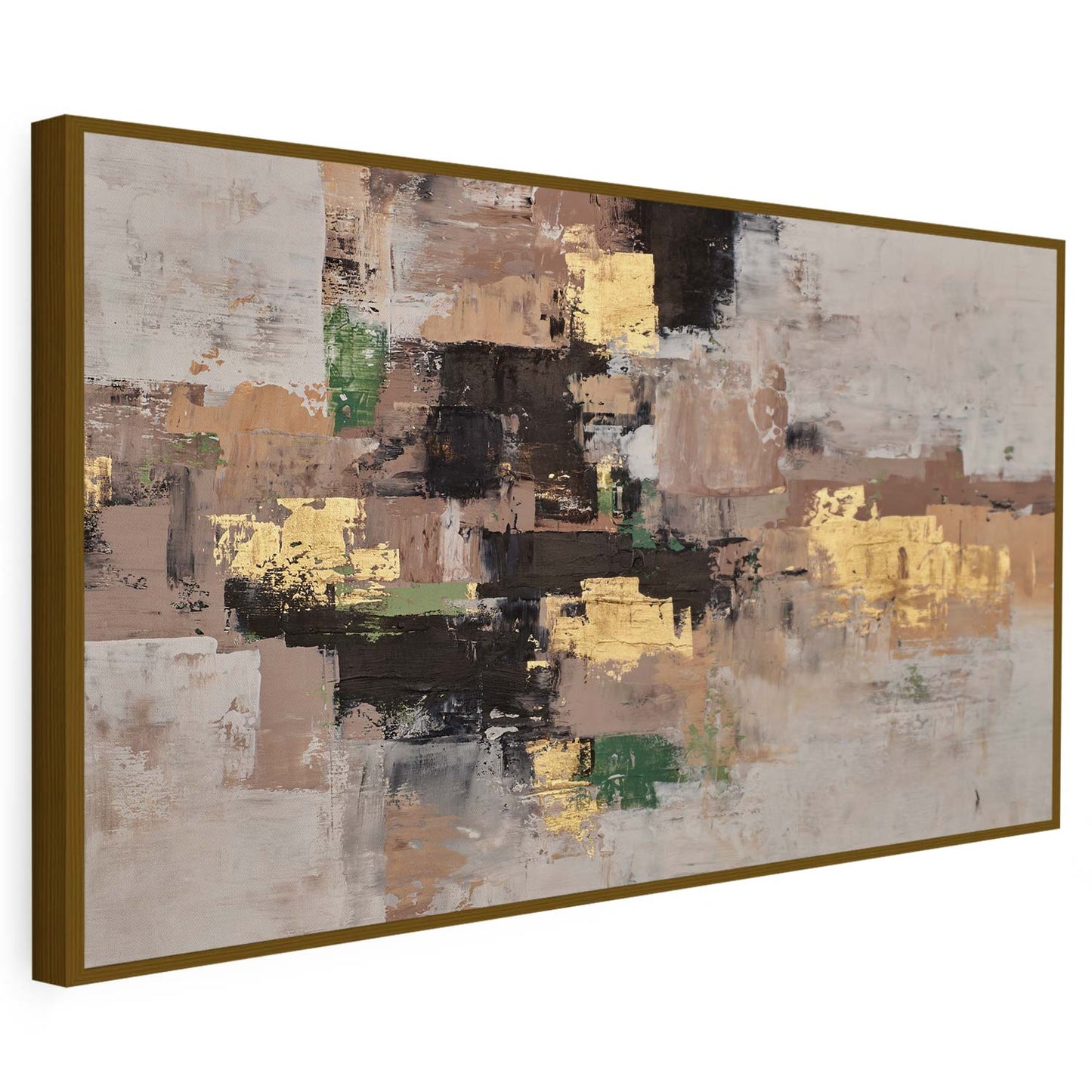 Tableau sur toile d'abstrait doré et vert sur fond beige KWADECO