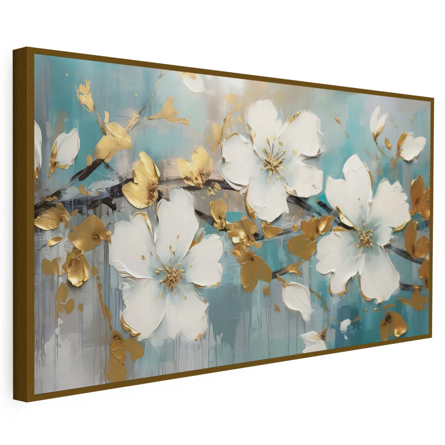 Tableau sur toile de fleurs bleu ciel avec des taches dorées KWADECO