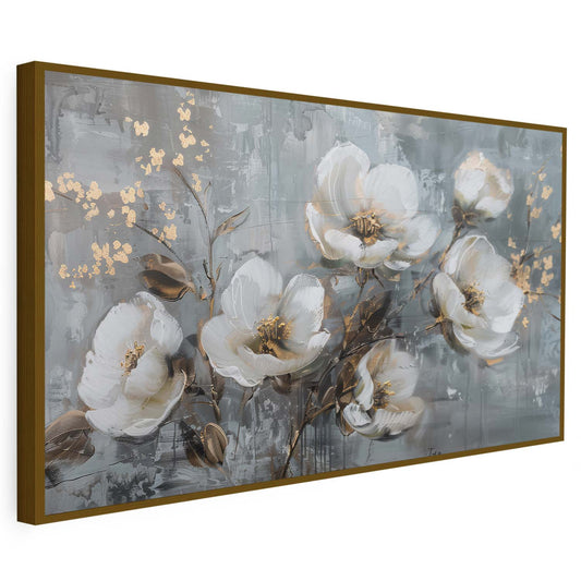 Tableau sur toile d'abstrait fleur blanc avec tache doré KWADECO