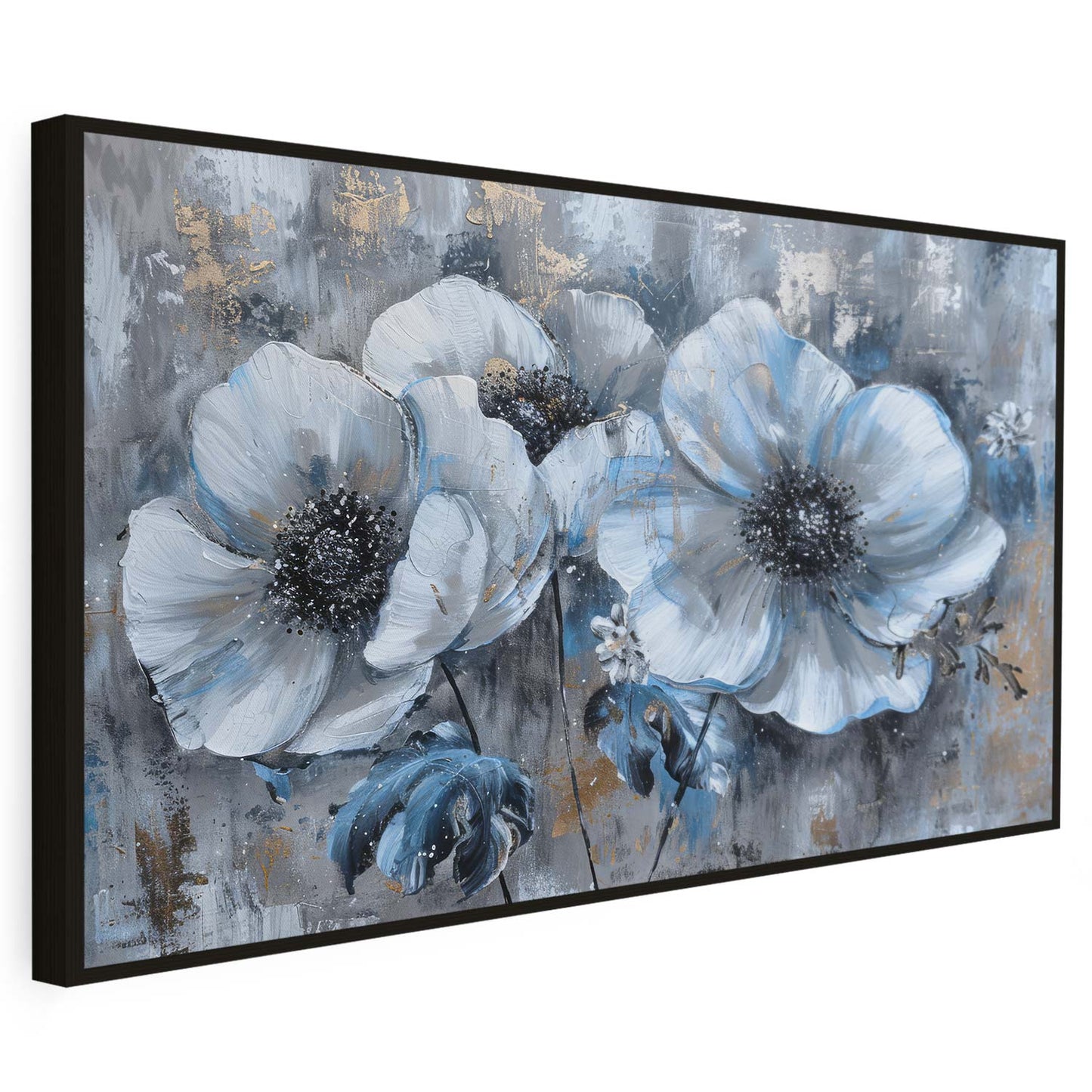 Tableau sur toile d'abstrait fleur bleu avec doré KWADECO