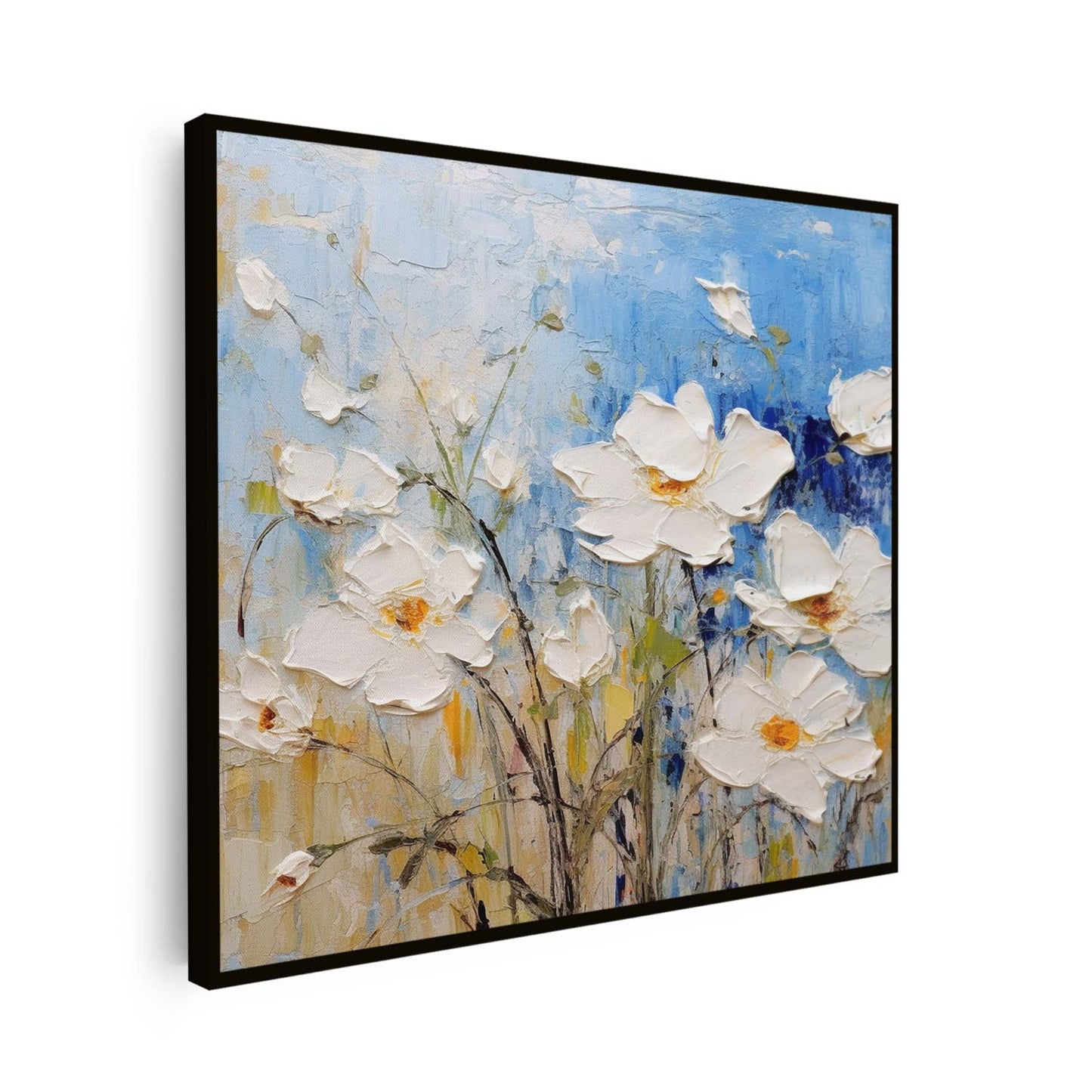 Tableau carré sur toile, fleur blanche sur fond bleu KWADECO