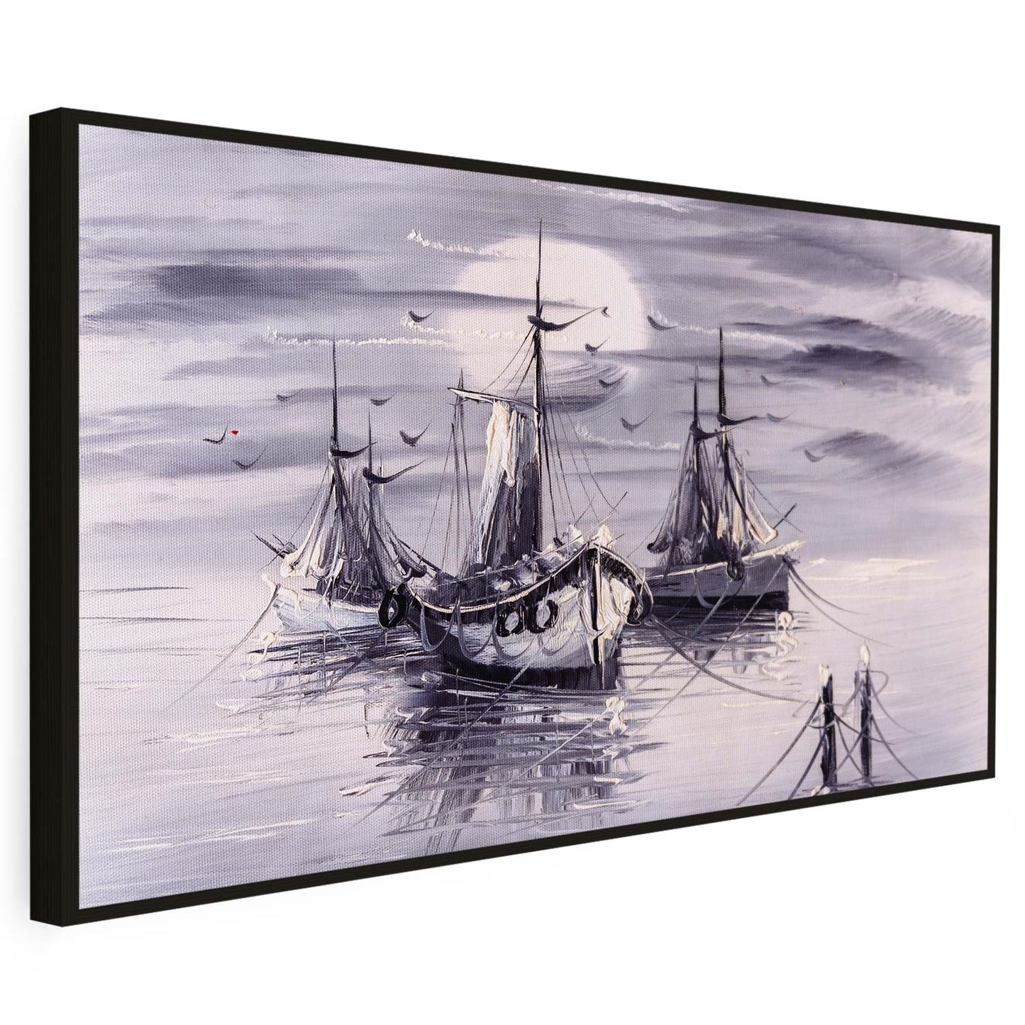 Tableau sur toile d'un navire et de la lune gris KWADECO