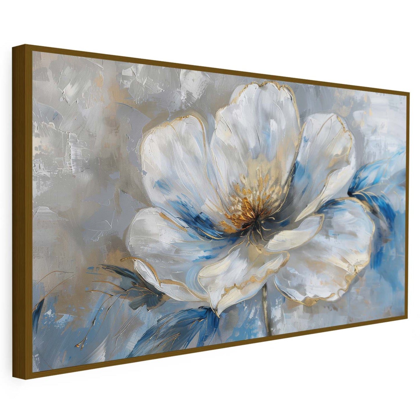 Tableau sur toile d'une fleur blanche avec des taches bleues KWADECO