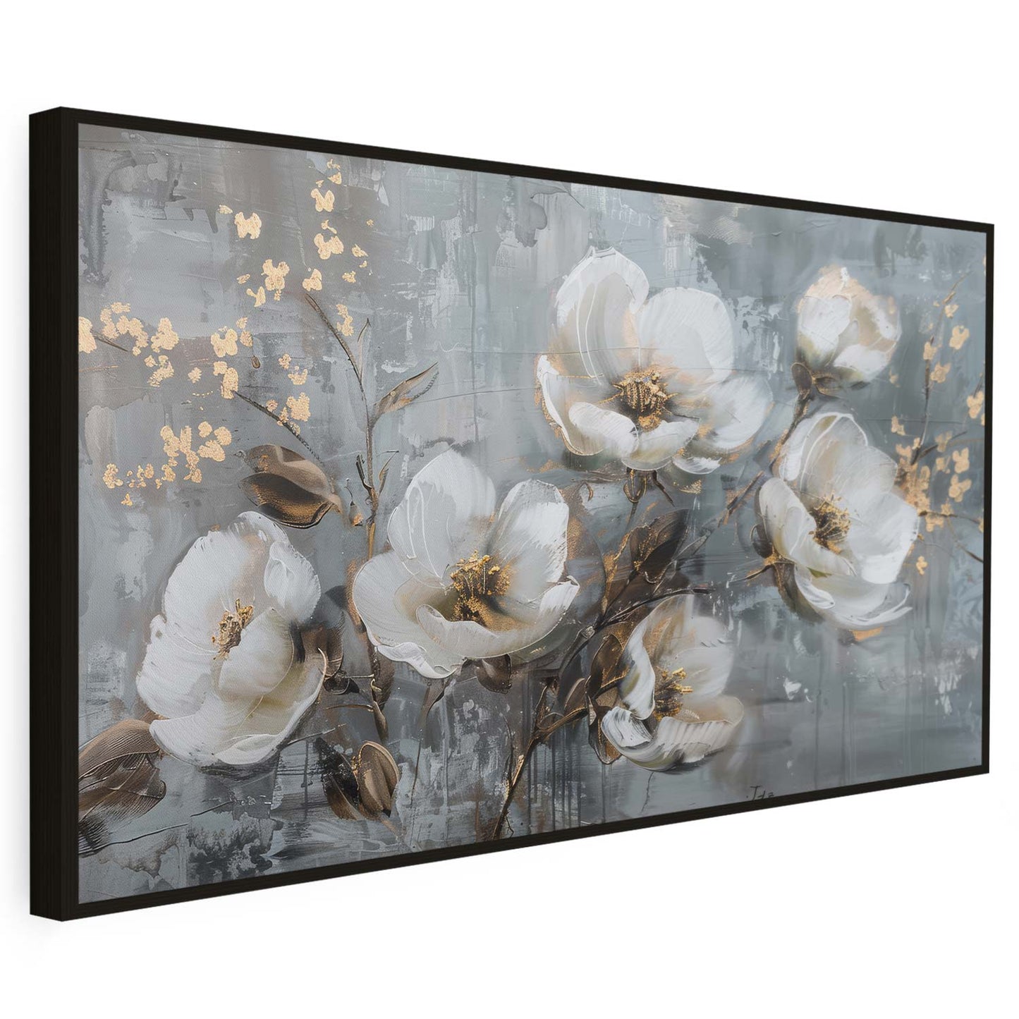 Tableau sur toile d'abstrait fleur blanc avec tache doré KWADECO