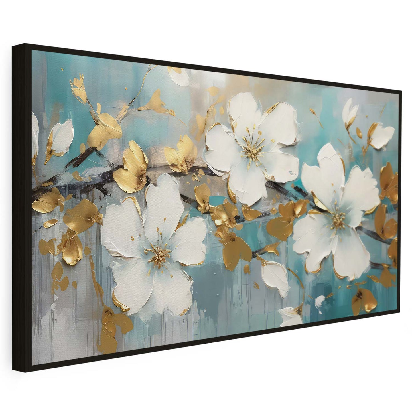 Tableau sur toile de fleurs bleu ciel avec des taches dorées KWADECO