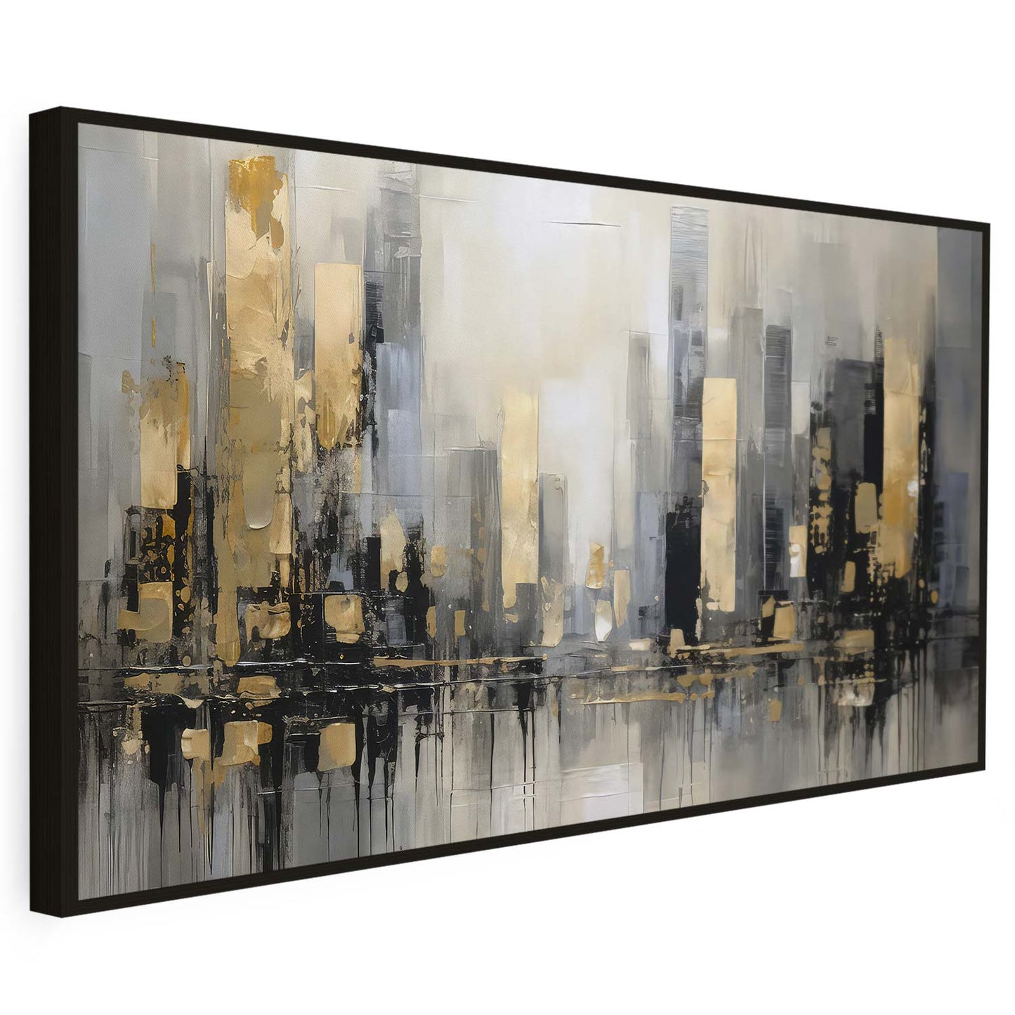 Tableau sur toile d'une ville dorée et urbaine noir KWADECO