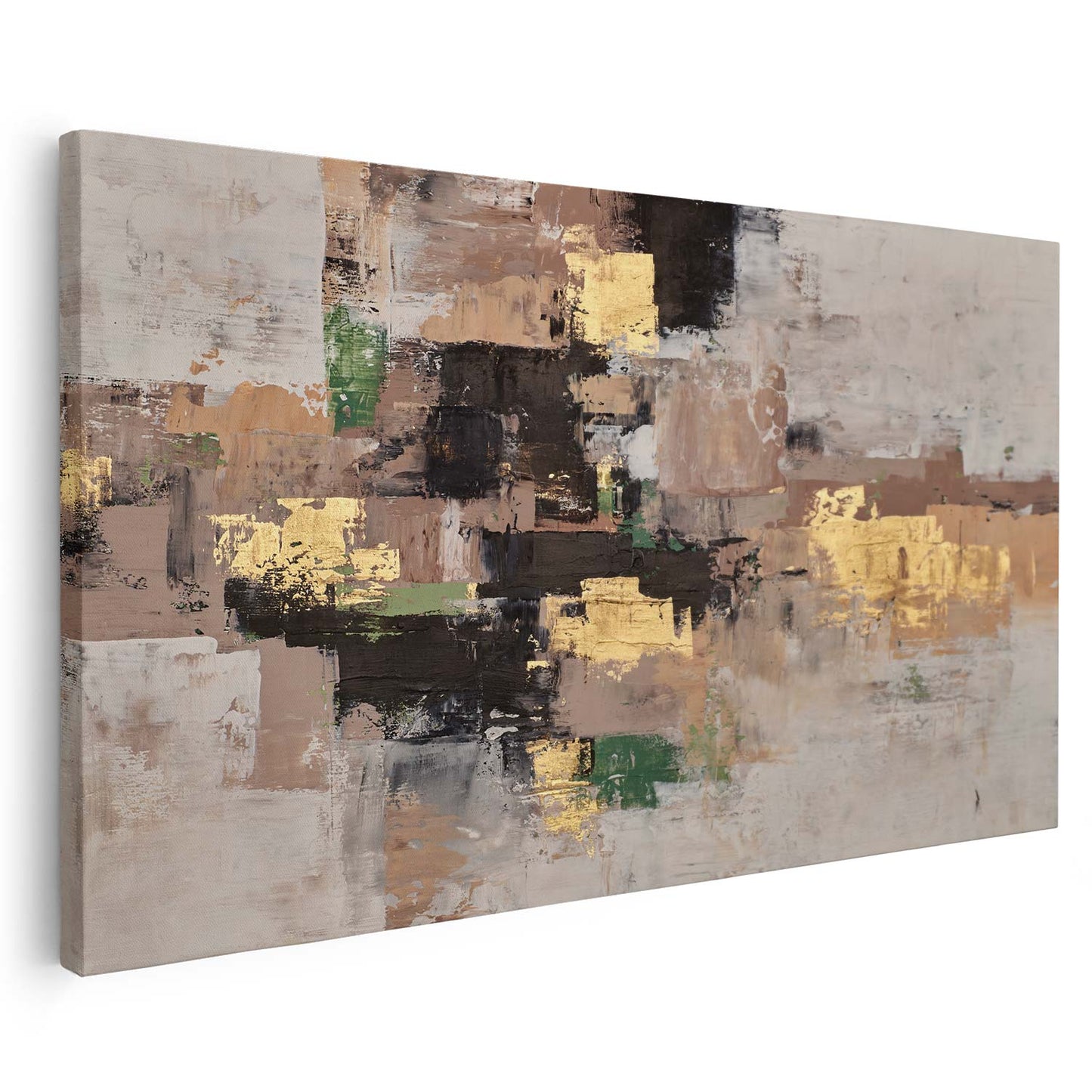 Tableau sur toile d'abstrait doré et vert sur fond beige KWADECO