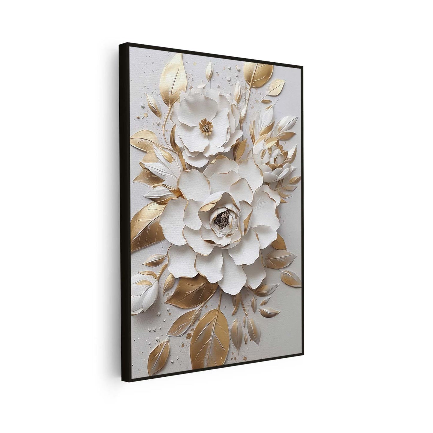 Tableau sur toile verticale de fleurs effet 3D blanc et doré art KWADECO
