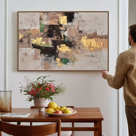 Tableau sur toile d'abstrait doré et vert sur fond beige KWADECO