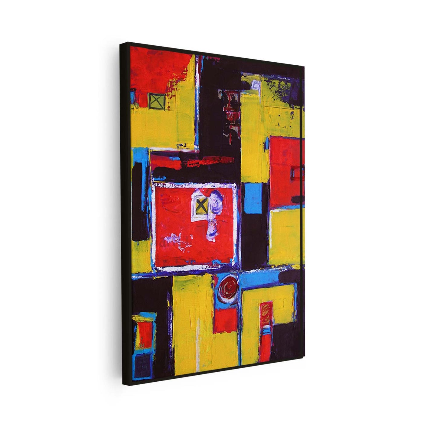 Tableau abstrait verticale aux formes colorées rouge et jaune KWADECO