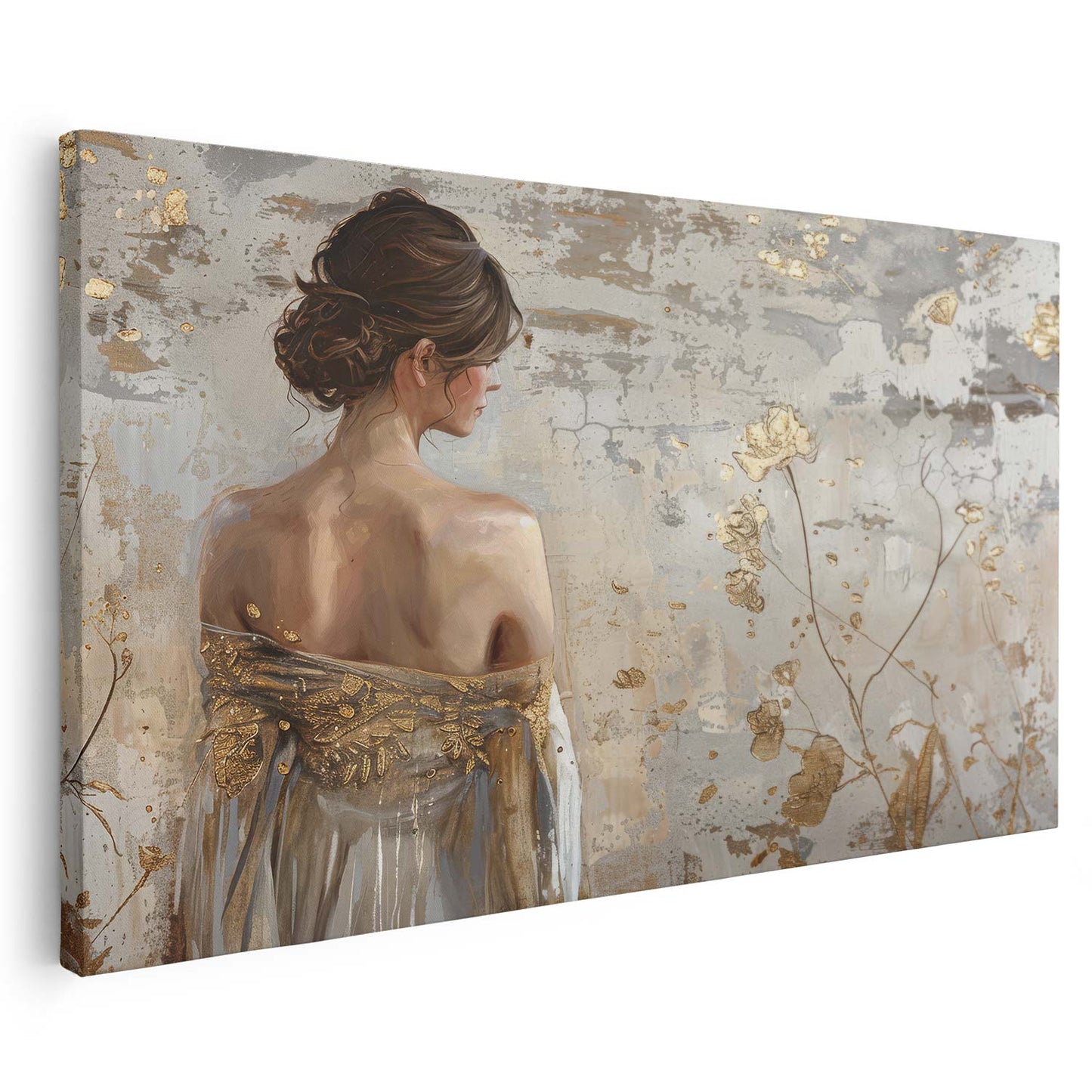 Femme vue de dos fond gris avec touches dorées