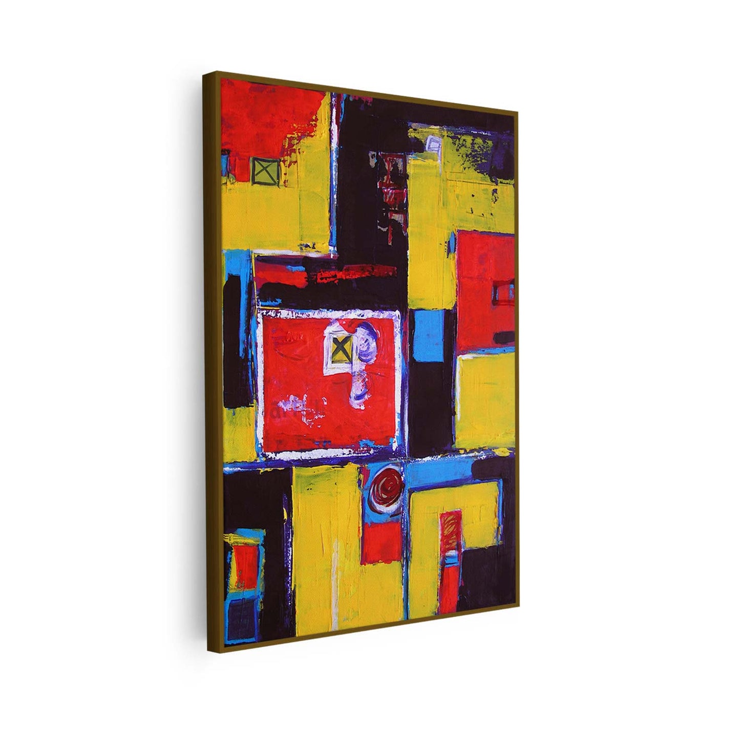 Tableau abstrait verticale aux formes colorées rouge et jaune KWADECO