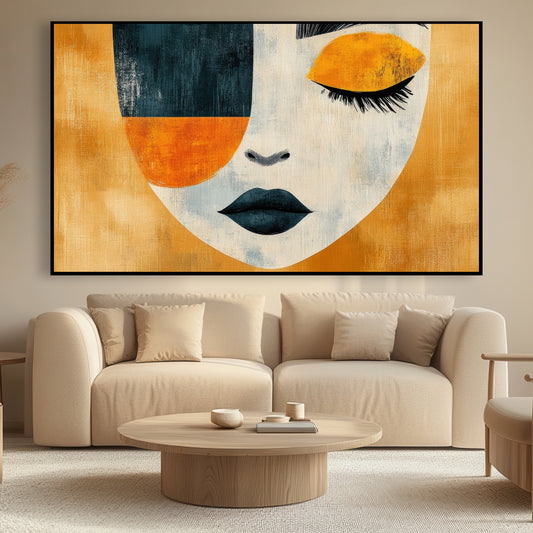 Toile moderne représentant un visage sur un fond doré minimaliste